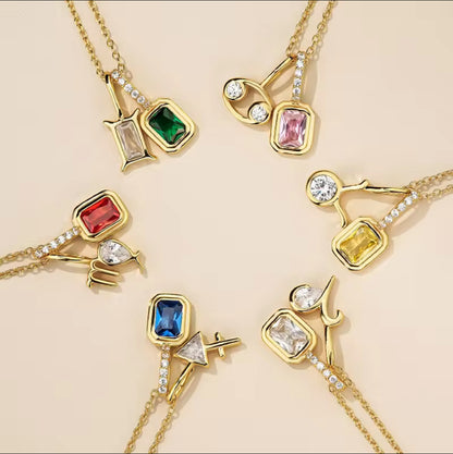 14K Gold Zodiac Birthstone Pendant with Natural Diamonds and Gemstones